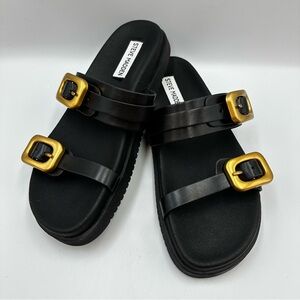 Steve Madden Margey Black Leather Sandal Slide Womens 7.5M Buckle Cushion